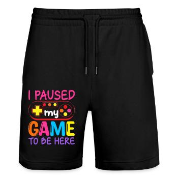 I paused my game to be here, Back to school - Stanley/Stella Unisex Bio Joggingshorts Trainer  - Schwarz - Vorne - Nik (191cm) & Marisol (170cm)