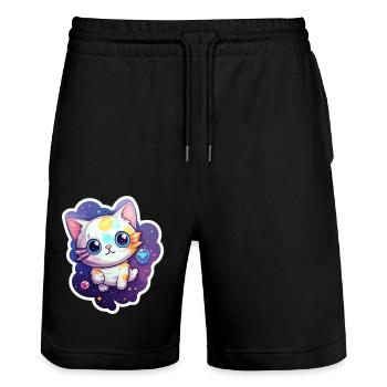 Cute cartoonish kitty floating in space - Stanley/Stella Trainer Unisex Organic Jogging Shorts - black - Front - Nik (191cm) & Marisol (170cm)