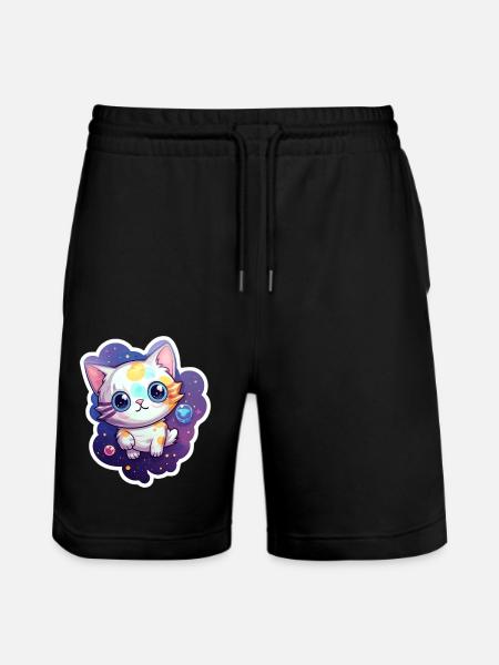 Schattige cartooneske kat die in de ruimte zweeft - Stanley/Stella uniseks bio-joggingshorts Mover - zwart