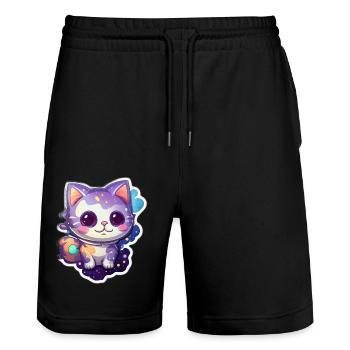 Cute cartoonish kitty floating in space - Stanley/Stella Trainer Unisex Organic Jogging Shorts - black - Front - Nik (191cm) & Marisol (170cm)