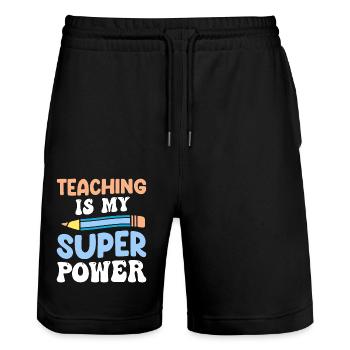 Teaching is my super power, Lehrer*innen, Souvenir - Stanley/Stella Unisex Bio Joggingshorts Trainer  - Schwarz - Vorne - Nik (191cm) & Marisol (170cm)