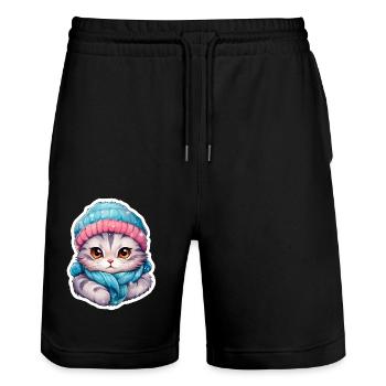 Katze mit Mütze und Schal - Stanley/Stella Unisex Bio Joggingshorts Trainer  - Schwarz - Vorne - Nik (191cm) & Marisol (170cm)