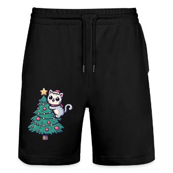 Chat de Noël - mignon sur le sapin de Noël dans la bande dessinée - Short de jogging bio TRAINER Stanley/Stella unisexe - noir - Devant - Nik (191cm) & Marisol (170cm)