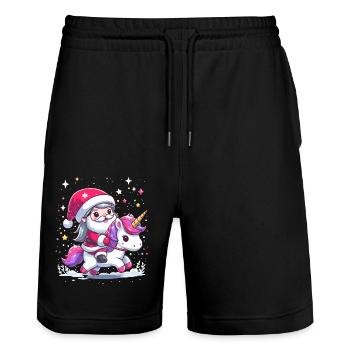 Santa Claus and Unicorn - Stanley/Stella Trainer Unisex Organic Jogging Shorts - black - Front - Nik (191cm) & Marisol (170cm)