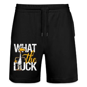 Was zum Teufel humorvolles Zitat skurriles lustiges Entenwort - Stanley/Stella Unisex Bio Joggingshorts Trainer  - Schwarz - Vorne - Nik (191cm) & Marisol (170cm)