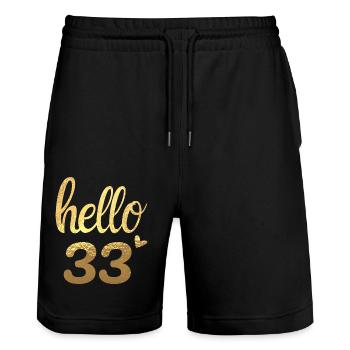 Hallo 33 gold - Stanley/Stella Unisex Bio Joggingshorts Trainer  - Schwarz - Vorne - Nik (191cm) & Marisol (170cm)