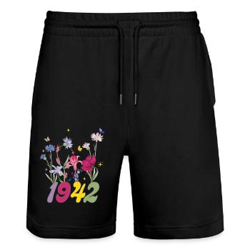 Geburtsjahr 1942 Wildblumen - Stanley/Stella Unisex Bio Joggingshorts Trainer  - Schwarz - Vorne - Nik (191cm) & Marisol (170cm)