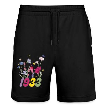Année de naissance 1933 fleurs sauvages - Short de jogging bio TRAINER Stanley/Stella unisexe - noir - Devant - Nik (191cm) & Marisol (170cm)