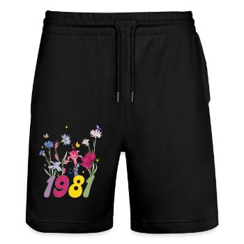 Année de naissance 1981 fleurs sauvages - Short de jogging bio TRAINER Stanley/Stella unisexe - noir - Devant - Nik (191cm) & Marisol (170cm)
