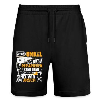 Wenn Onkel es nicht reparieren kann dann wir am Ar - Stanley/Stella Unisex Bio Joggingshorts Trainer  - Schwarz - Vorne - Nik (191cm) & Marisol (170cm)