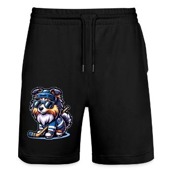 Cool Sheltie conquers the in hockey style - Stanley/Stella Trainer Unisex Organic Jogging Shorts - black - Front - Nik (191cm) & Marisol (170cm)