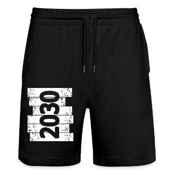 Dad 2030 - Stanley/Stella Trainer Unisex Organic Jogging Shorts - black - Front - Nik (191cm) & Marisol (170cm)