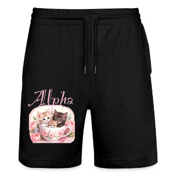 katze in tasse,katze, tasse,alpha, rosa, rosen - Stanley/Stella Unisex Bio Joggingshorts Trainer  - Schwarz - Vorne - Nik (191cm) & Marisol (170cm)