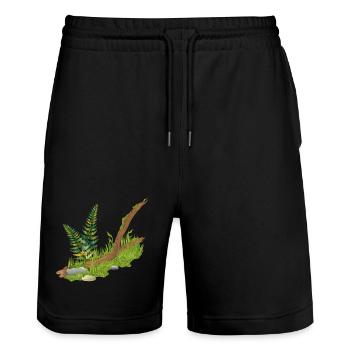 a piece of broken mossy branch at the edge of the forest - Stanley/Stella Trainer Unisex Organic Jogging Shorts - black - Front - Nik (191cm) & Marisol (170cm)