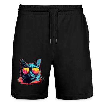 90s Cat Retrowave - Stanley/Stella Trainer Unisex Organic Jogging Shorts - black - Front - Nik (191cm) & Marisol (170cm)