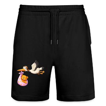 Petite fille cigogne avec cadeau en nounours en tissu - Short de jogging bio TRAINER Stanley/Stella unisexe - noir - Devant - Nik (191cm) & Marisol (170cm)