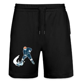 Joueur de hockey sur glace avec un éclaboussure d’œuf - Short de jogging bio TRAINER Stanley/Stella unisexe - noir - Devant - Nik (191cm) & Marisol (170cm)
