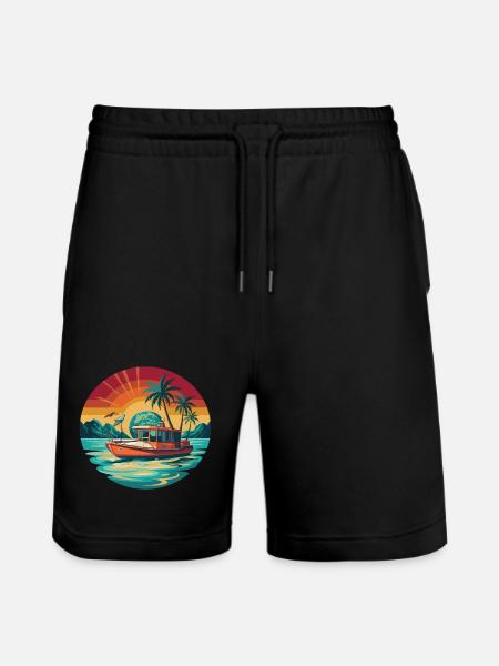 Retro Boat Sunset Tropics - Stanley/Stella Trainer Unisex Organic Jogging Shorts - black