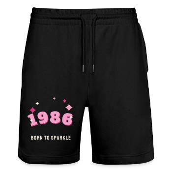 1986 Born to Sparkle Jahrgang 40. Geburtstag - Stanley/Stella Unisex Bio Joggingshorts Trainer  - Schwarz - Vorne - Nik (191cm) & Marisol (170cm)