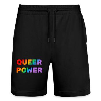 Queere Macht - Stanley/Stella Unisex Bio Joggingshorts Trainer  - Schwarz - Vorne - Nik (191cm) & Marisol (170cm)