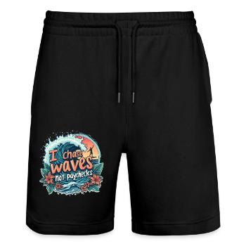 Je chasse les vagues, pas les chèques de paie – Surf et liberté - Short de jogging bio TRAINER Stanley/Stella unisexe - noir - Devant - Nik (191cm) & Marisol (170cm)
