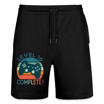 Level 16 cadeau jeux vidéo Anniversaire 16 ans - Short de jogging bio TRAINER Stanley/Stella unisexe - noir - Devant - Nik (191cm) & Marisol (170cm)