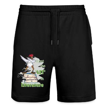 Lustige Sprüche Literatur Bücher Schreiben Huhn - Stanley/Stella Unisex Bio Joggingshorts Trainer  - Schwarz - Vorne - Nik (191cm) & Marisol (170cm)