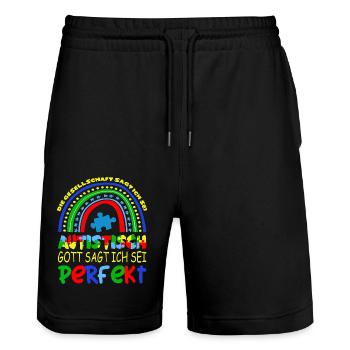 Autistic - Stanley/Stella Trainer Unisex Organic Jogging Shorts - black - Front - Nik (191cm) & Marisol (170cm)