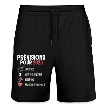 Prévisions pour 2023 Humour Futur Papa naissance - Short de jogging bio TRAINER Stanley/Stella unisexe - noir - Devant - Nik (191cm) & Marisol (170cm)