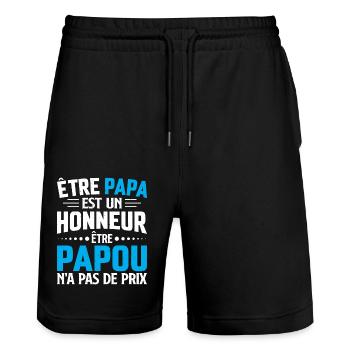 Être papou n'a pas de prix Humour cadeau papa - Short de jogging bio TRAINER Stanley/Stella unisexe - noir - Devant - Nik (191cm) & Marisol (170cm)