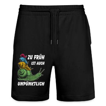 Zu früh ist auch unpünktlich vier bunte Schnecken - Stanley/Stella Unisex Bio Joggingshorts Trainer  - Schwarz - Vorne - Nik (191cm) & Marisol (170cm)