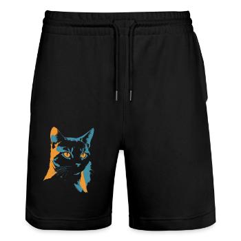 Explosion de couleurs : tête de chat en orange et bleu - Short de jogging bio TRAINER Stanley/Stella unisexe - noir - Devant - Nik (191cm) & Marisol (170cm)