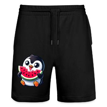 Penguin with Watermelon Cartoon - Stanley/Stella Trainer Unisex Organic Jogging Shorts - black - Front - Nik (191cm) & Marisol (170cm)
