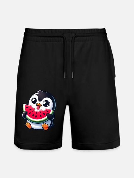 Penguin with Watermelon Cartoon - Stanley/Stella Trainer Unisex Organic Jogging Shorts - black