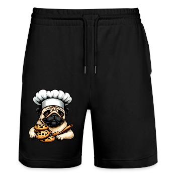 Pug Cook with Cookie - Stanley/Stella Trainer Unisex Organic Jogging Shorts - black - Front - Nik (191cm) & Marisol (170cm)