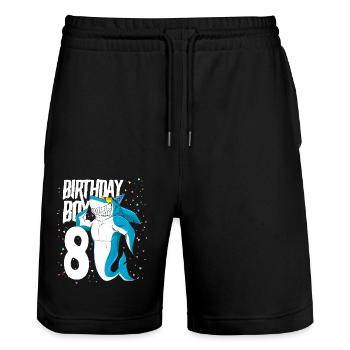 8 year old Boys Shark Birthday Gift - Stanley/Stella Trainer Unisex Organic Jogging Shorts - black - Front - Nik (191cm) & Marisol (170cm)