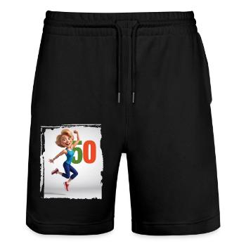 Femme heureuse dans ses 50 ans - Short de jogging bio TRAINER Stanley/Stella unisexe - noir - Devant - Nik (191cm) & Marisol (170cm)