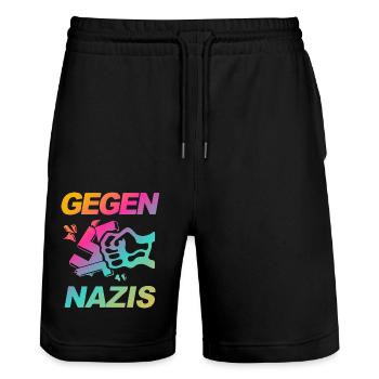 FCK NZS - Zeichen setzen gegen Rechts, Gegen Nazis - Stanley/Stella Unisex Bio Joggingshorts Trainer  - Schwarz - Vorne - Nik (191cm) & Marisol (170cm)