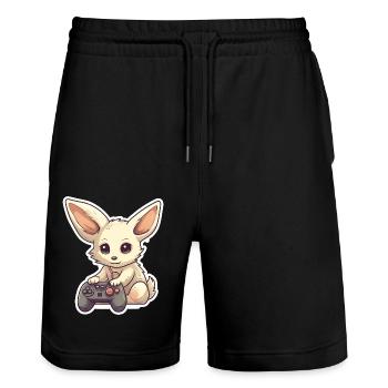 A cute fennec fox playing video games - Stanley/Stella Trainer Unisex Organic Jogging Shorts - black - Front - Nik (191cm) & Marisol (170cm)
