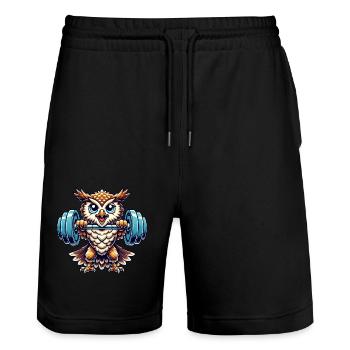 Owl Weight Weightlifting Strong Owl Fitness - Stanley/Stella Trainer Unisex Organic Jogging Shorts - black - Front - Nik (191cm) & Marisol (170cm)