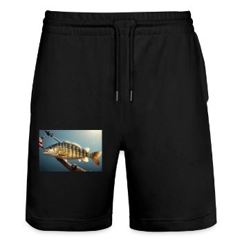 Großer Barsch Fisch am Haken - Stanley/Stella Unisex Bio Joggingshorts Trainer  - Schwarz - Vorne - Nik (191cm) & Marisol (170cm)