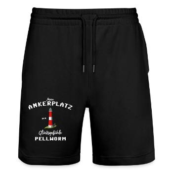 Pellworm , Ankerplatz der Glücksgefühle - Stanley/Stella Unisex Bio Joggingshorts Trainer  - Schwarz - Vorne - Nik (191cm) & Marisol (170cm)