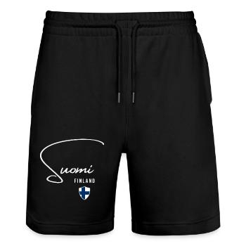 I love Finland, minimalist sleek design - Stanley/Stella Trainer Unisex Organic Jogging Shorts - black - Front - Nik (191cm) & Marisol (170cm)