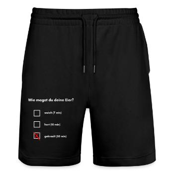 How do you like your eggs? - Stanley/Stella Trainer Unisex Organic Jogging Shorts - black - Front - Nik (191cm) & Marisol (170cm)