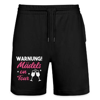 Attention ! Filles en tournée – Chemise pour enterrement de vie de garçon - Short de jogging bio TRAINER Stanley/Stella unisexe - noir - Devant - Nik (191cm) & Marisol (170cm)