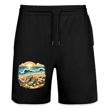 Illustration de coucher de soleil sur la plage - Short de jogging bio TRAINER Stanley/Stella unisexe - noir - Devant - Nik (191cm) & Marisol (170cm)
