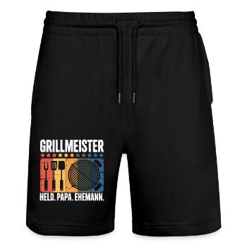 Ehemann Papa Grillmeister Held Vatertag BBQ  - Stanley/Stella Unisex Bio Joggingshorts Trainer  - Schwarz - Vorne - Nik (191cm) & Marisol (170cm)