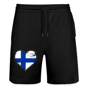 Finnland Herzflagge used - Stanley/Stella Unisex Bio Joggingshorts Trainer  - Schwarz - Vorne - Nik (191cm) & Marisol (170cm)
