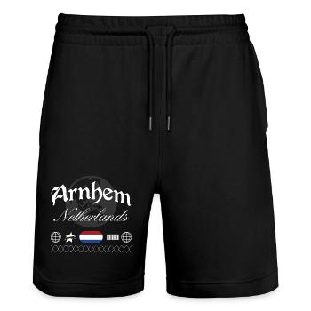 Souvenir de voyage pour la tenue urbaine aux Pays-Bas à Arnhem - Short de jogging bio TRAINER Stanley/Stella unisexe - noir - Devant - Nik (191cm) & Marisol (170cm)