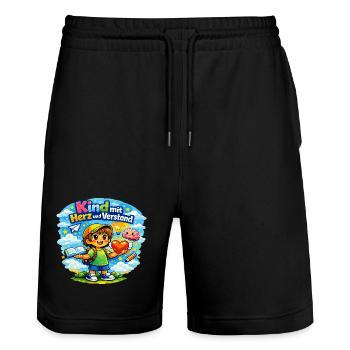 Kind mit Herz und Verstand - Stanley/Stella Unisex Bio Joggingshorts Trainer  - Schwarz - Vorne - Nik (191cm) & Marisol (170cm)